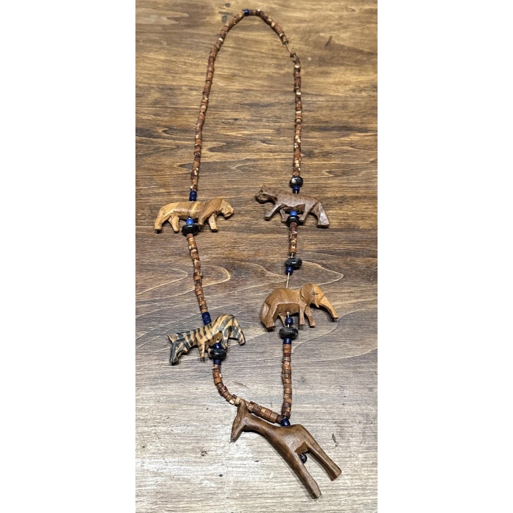 Vintage African Safari Animal Beaded Necklace Hand Carved Wood Seeds 16"